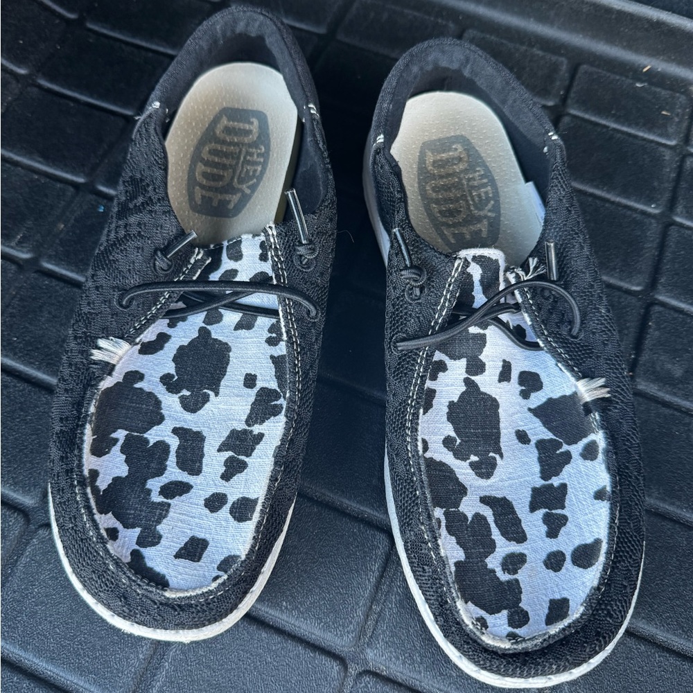 Women’s cow print hey dudes worn very little
